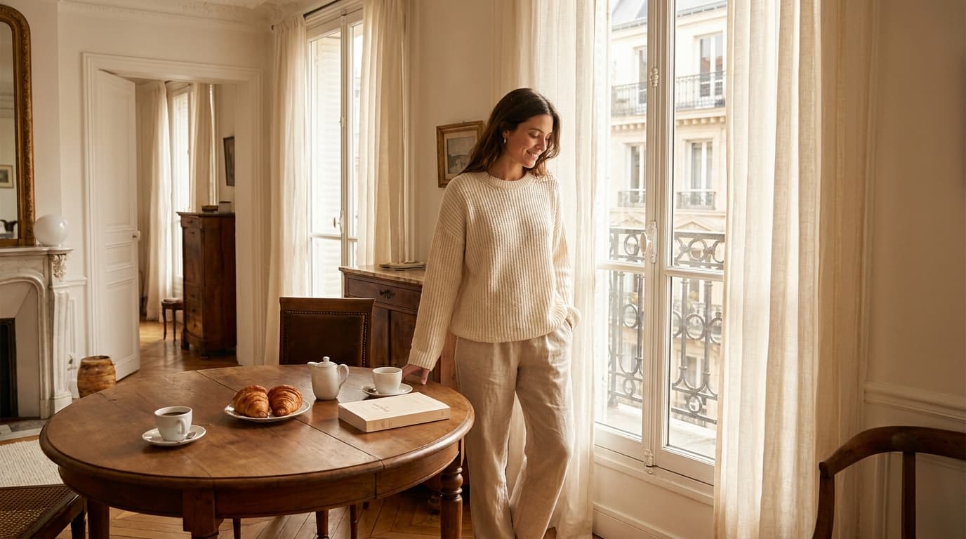 Femme souriante debout près d'une table de petit-déjeuner dans un appartement lumineux (image générée par IA)