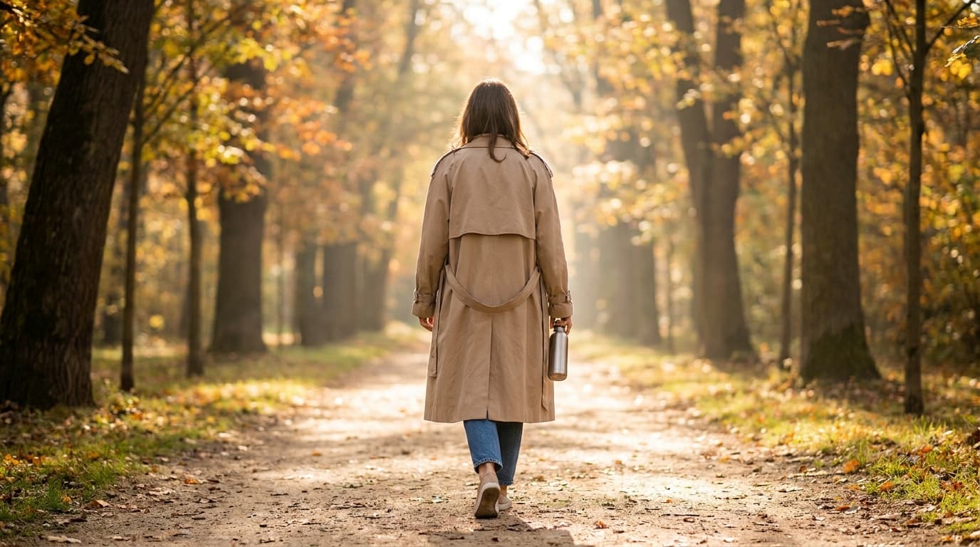 Femme de dos marchant sur un sentier bordé d'arbres avec une bouteille à la main (image générée par IA)