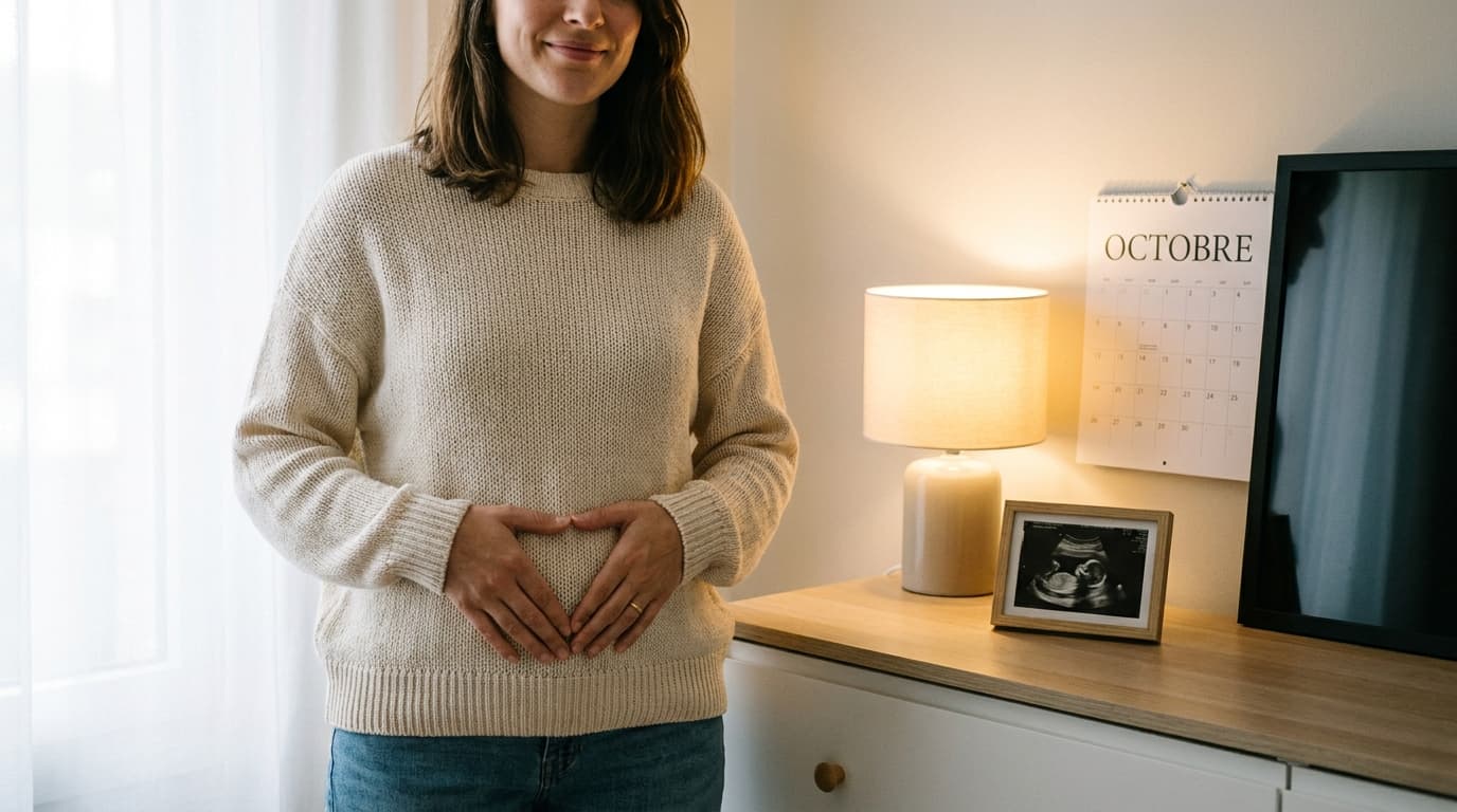 Femme en pull écru et jean, mains posées sur le bas-ventre près d'un calendrier et d'une échographie (image générée par IA)