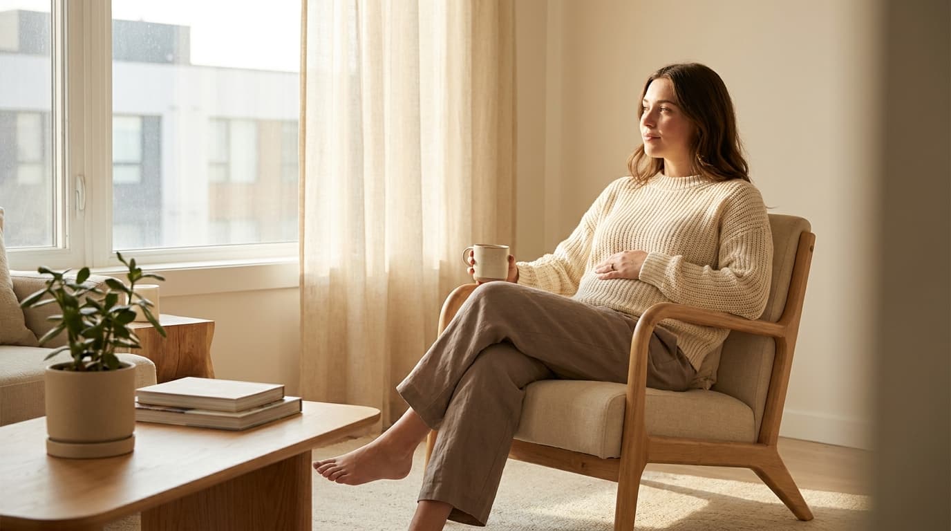 Femme assise dans un fauteuil près d'une fenêtre, tenant une tasse et touchant son ventre (image générée par IA)