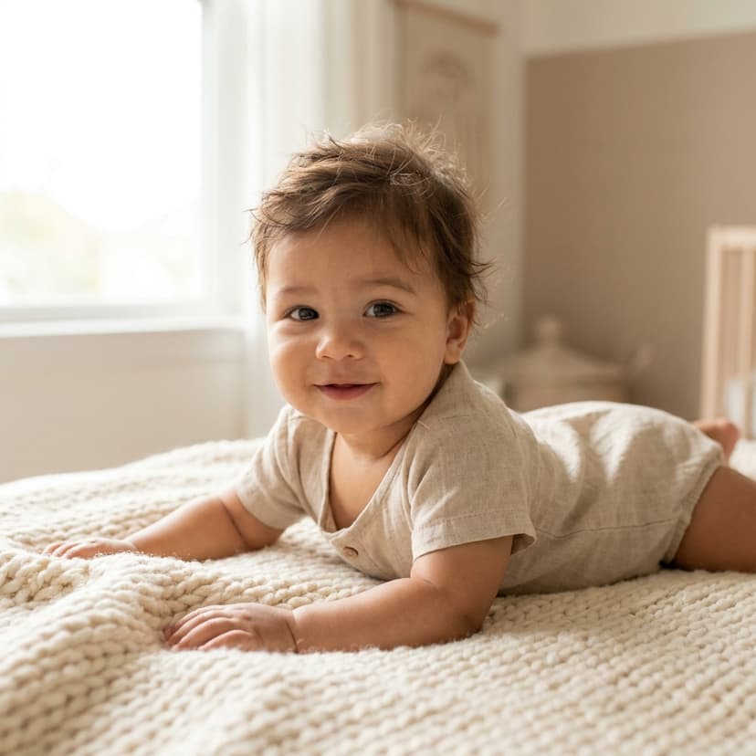 Bébé allongé sur une couverture texturée, éclairage naturel doux, fond beige épuré (image générée par IA)