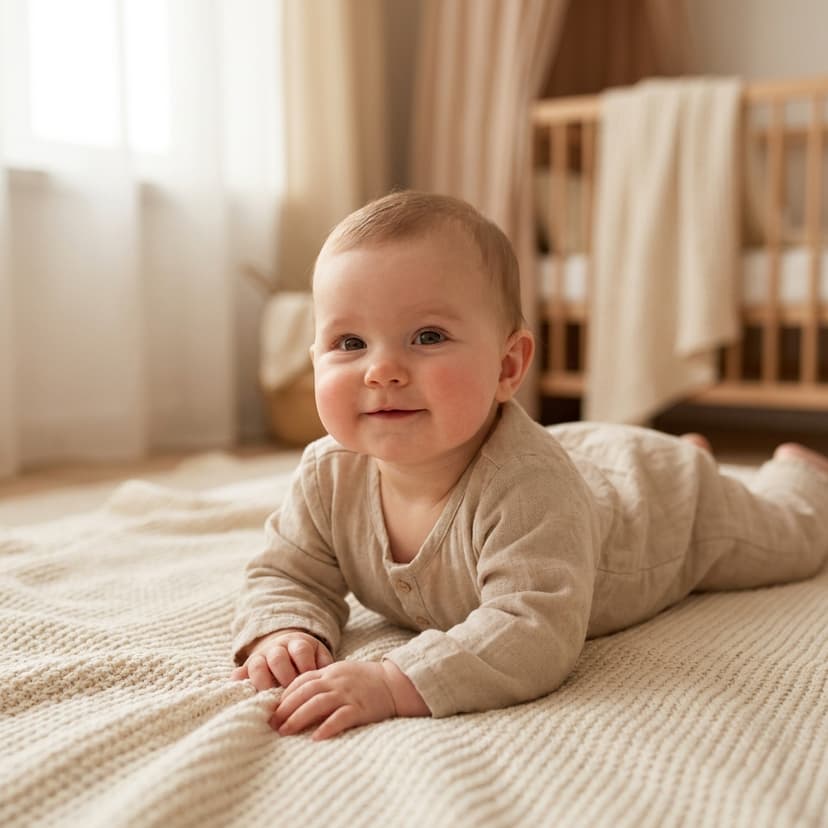 Bébé souriant allongé sur une couverture beige dans une chambre lumineuse (image générée par IA)