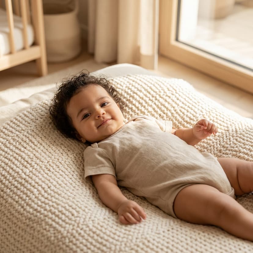 Bébé allongé sur une couverture texturée, près d'une fenêtre lumineuse, regard souriant (image générée par IA)