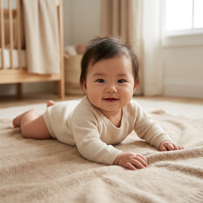 Bébé asiatique allongé sur une couverture beige dans une chambre lumineuse, regard vers l'objectif (image générée par IA)