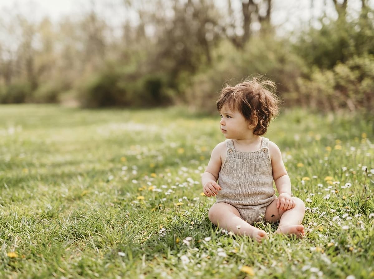 Bébé assis dans l'herbe fleurie, regard tourné vers la droite, arrière-plan verdoyant flou (image générée par IA)