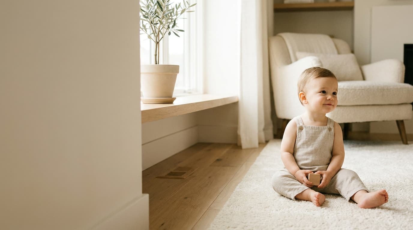 Bébé assis sur un tapis clair dans un salon lumineux, tenant un petit cube (image générée par IA)
