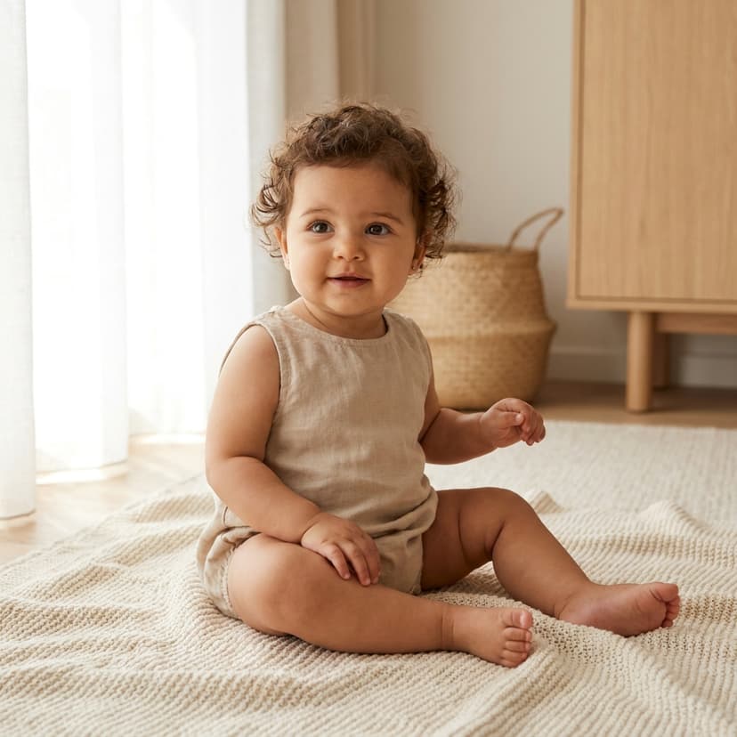 Bébé assis sur une couverture beige, près d'une fenêtre lumineuse (image générée par IA)