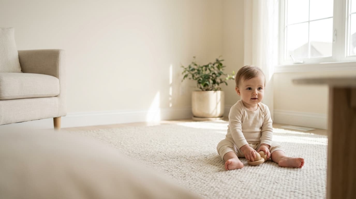 Bébé assis sur un tapis clair près d'une fenêtre dans un salon lumineux (image générée par IA)