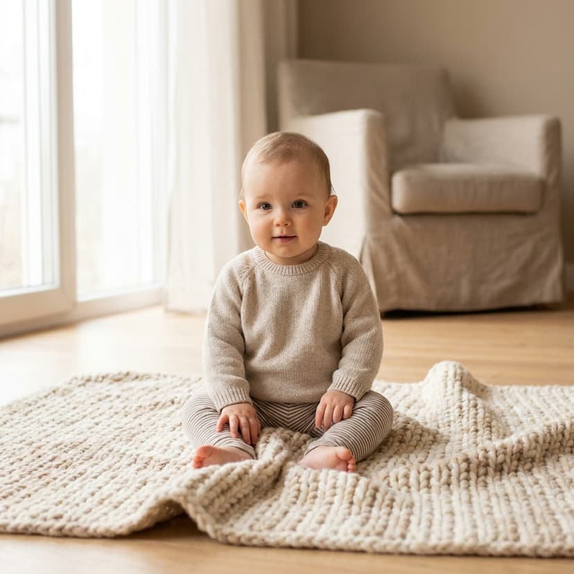 Bébé assis sur un tapis moelleux, près d'une fenêtre lumineuse dans un salon beige (image générée par IA)