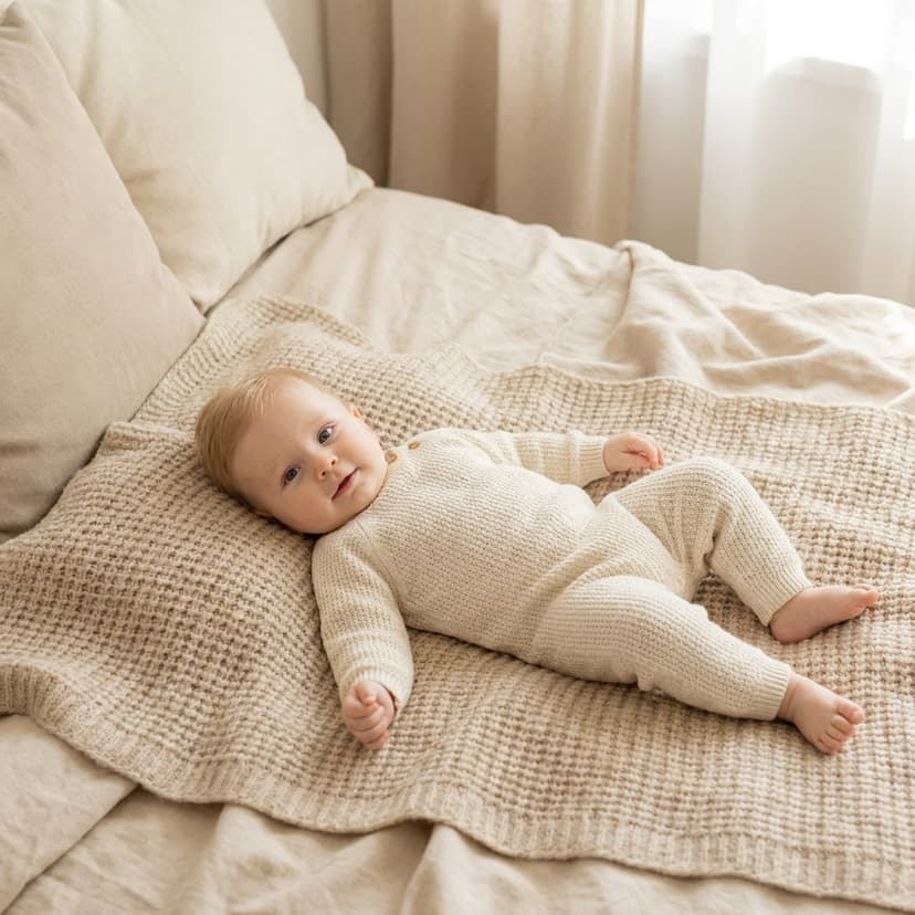 Bébé allongé sur un plaid beige, dans un intérieur lumineux aux tons crème (image générée par IA)