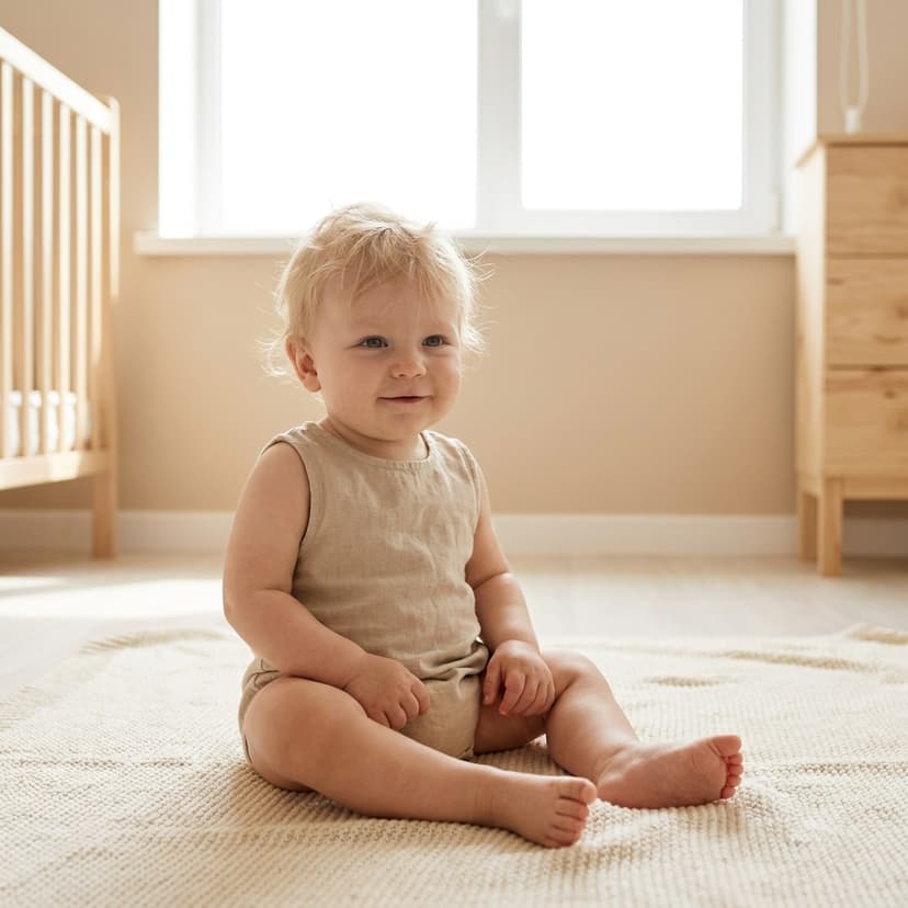 Bébé blond assis sur un tapis clair dans une chambre lumineuse (image générée par IA)