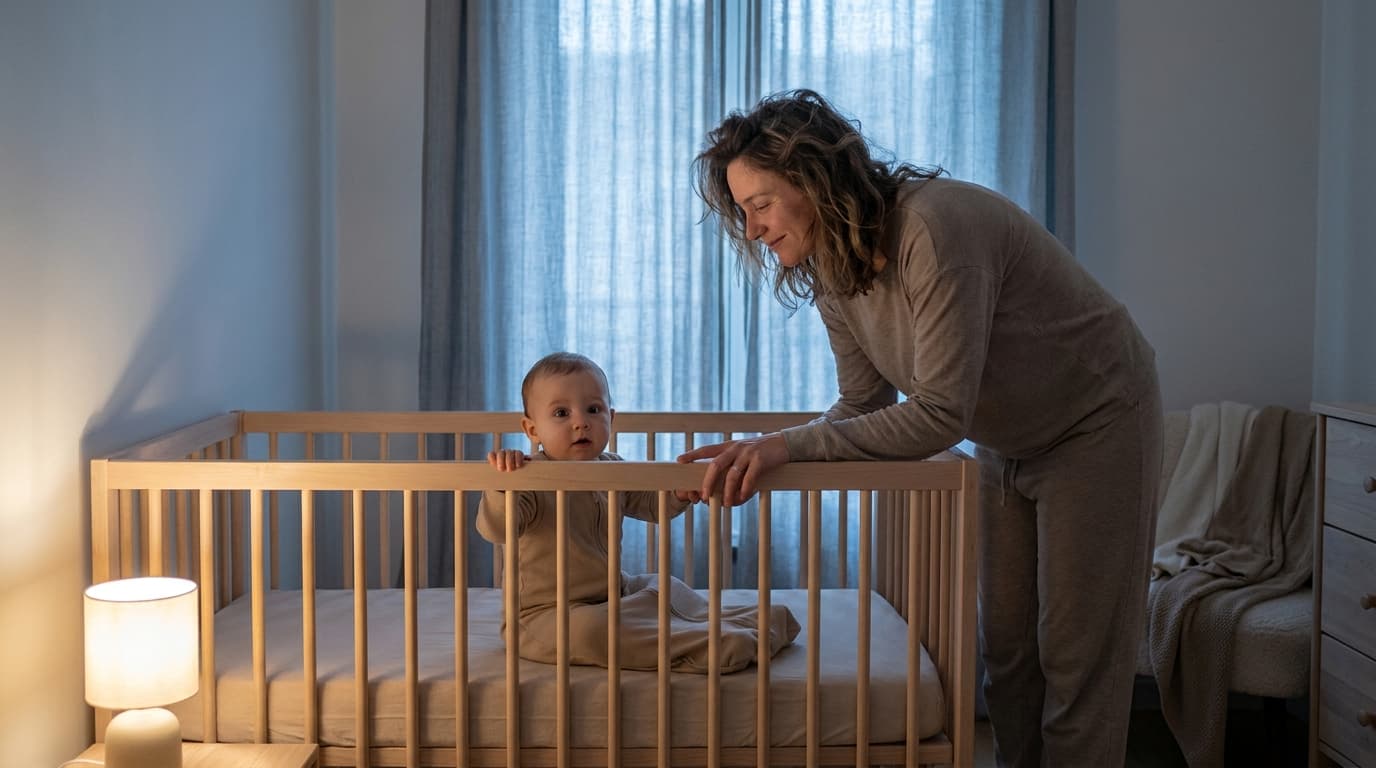 Bébé bien réveillé très tôt le matin dans son lit, accompagné par un parent encore fatigué