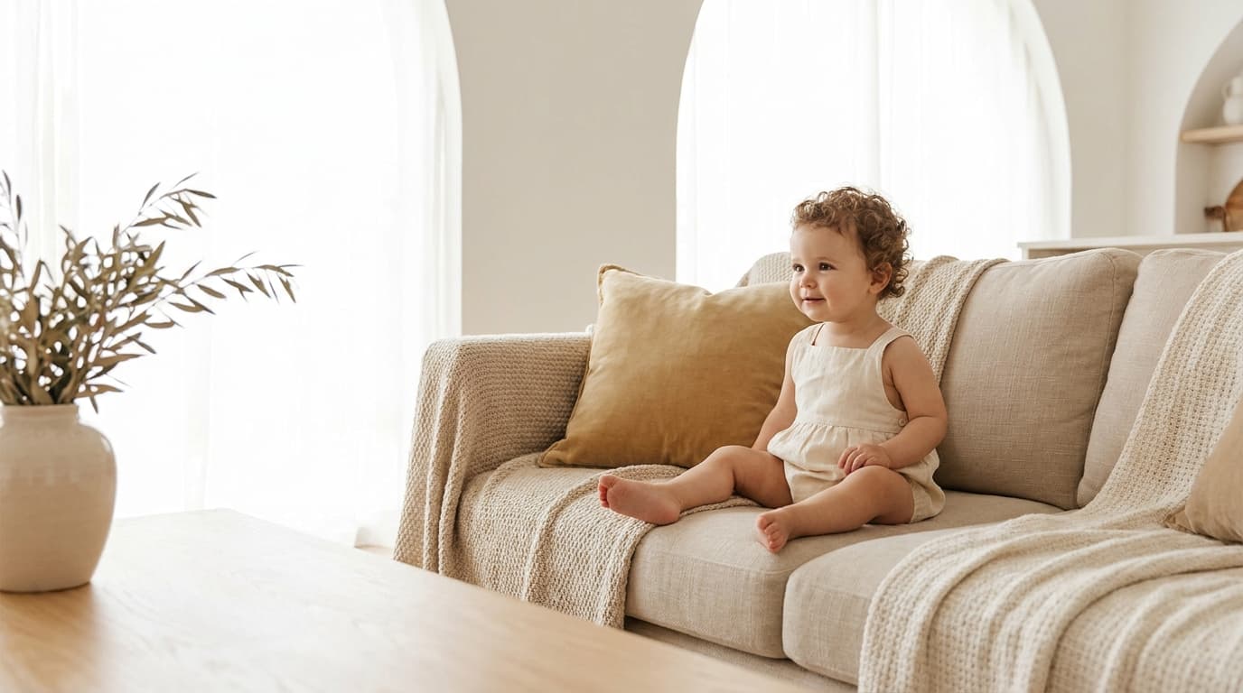 Bébé fille assise sur un canapé beige, près de coussins et d'une fenêtre lumineuse (image générée par IA)