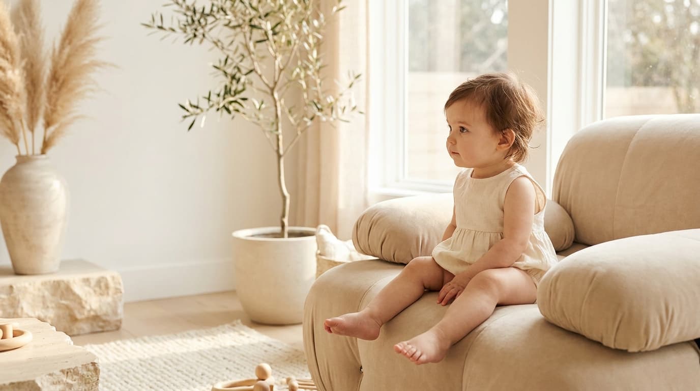 Bébé fille assise sur un canapé beige près d'une fenêtre, salon lumineux aux tons naturels (image générée par IA)