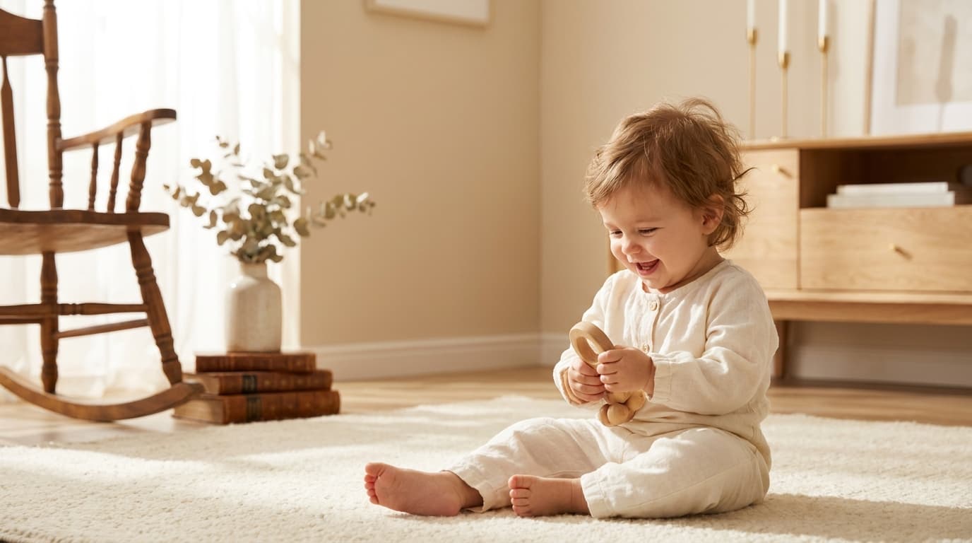 Bébé fille assise sur un tapis clair, jouant avec un jouet en bois dans un salon lumineux (image générée par IA)
