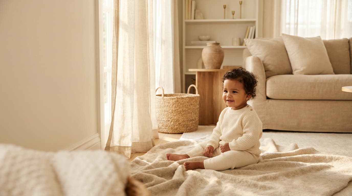 Bébé fille assise sur un plaid clair dans un salon baigné de lumière naturelle (image générée par IA)