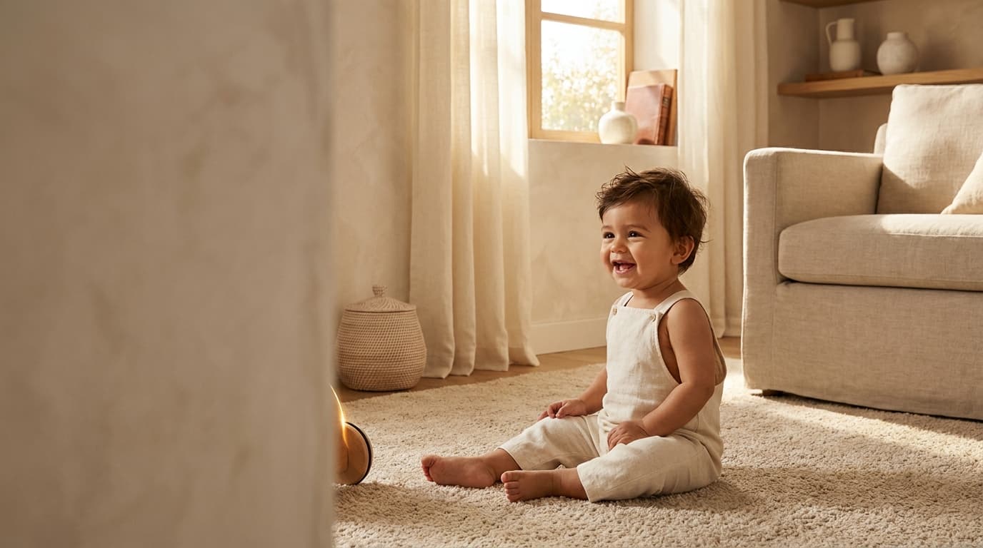 Bébé garçon assis sur un tapis moelleux dans un salon lumineux aux tons beige et crème (image générée par IA)