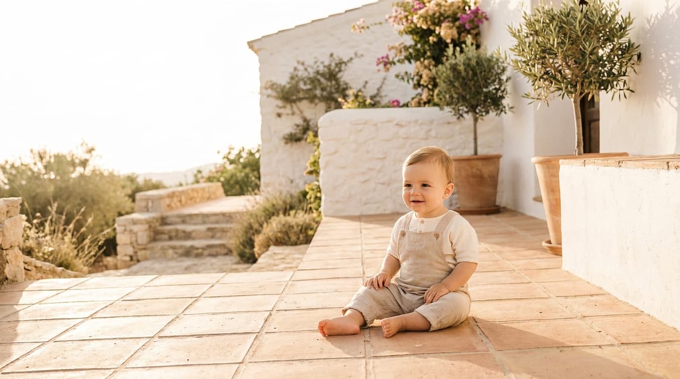 Bébé garçon assis sur une terrasse ensoleillée, murs blancs, pots en terre cuite et végétation méditerranéenne (image générée par IA)