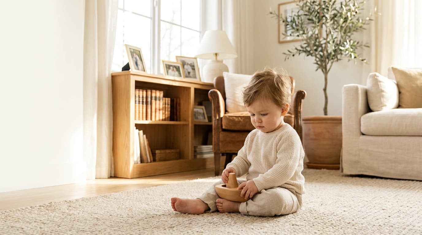 Bébé garçon assis sur un tapis clair, jouant avec un jouet en bois dans un salon lumineux (image générée par IA)
