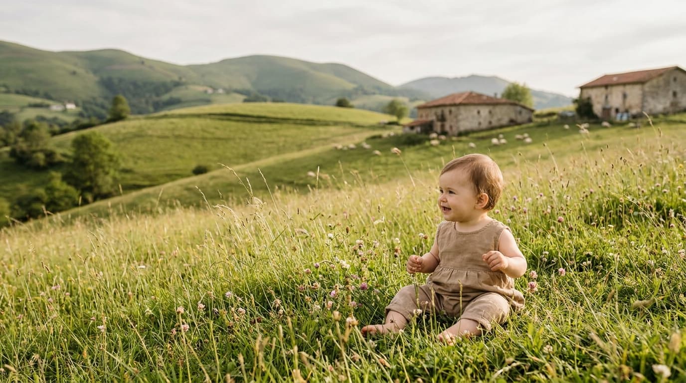 Bébé assise dans l'herbe haute, collines verdoyantes et maisons en pierre en arrière-plan (image générée par IA)