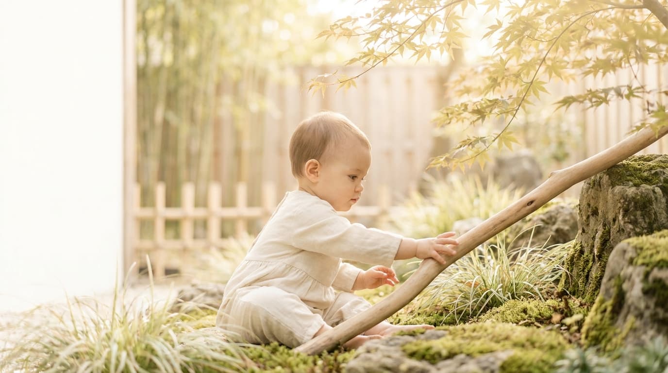 Bébé assis dans un jardin lumineux, touchant une branche (image générée par IA)