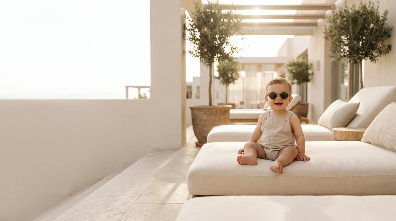Bébé en salopette beige et lunettes rondes assis sur un canapé extérieur lumineux (image générée par IA)