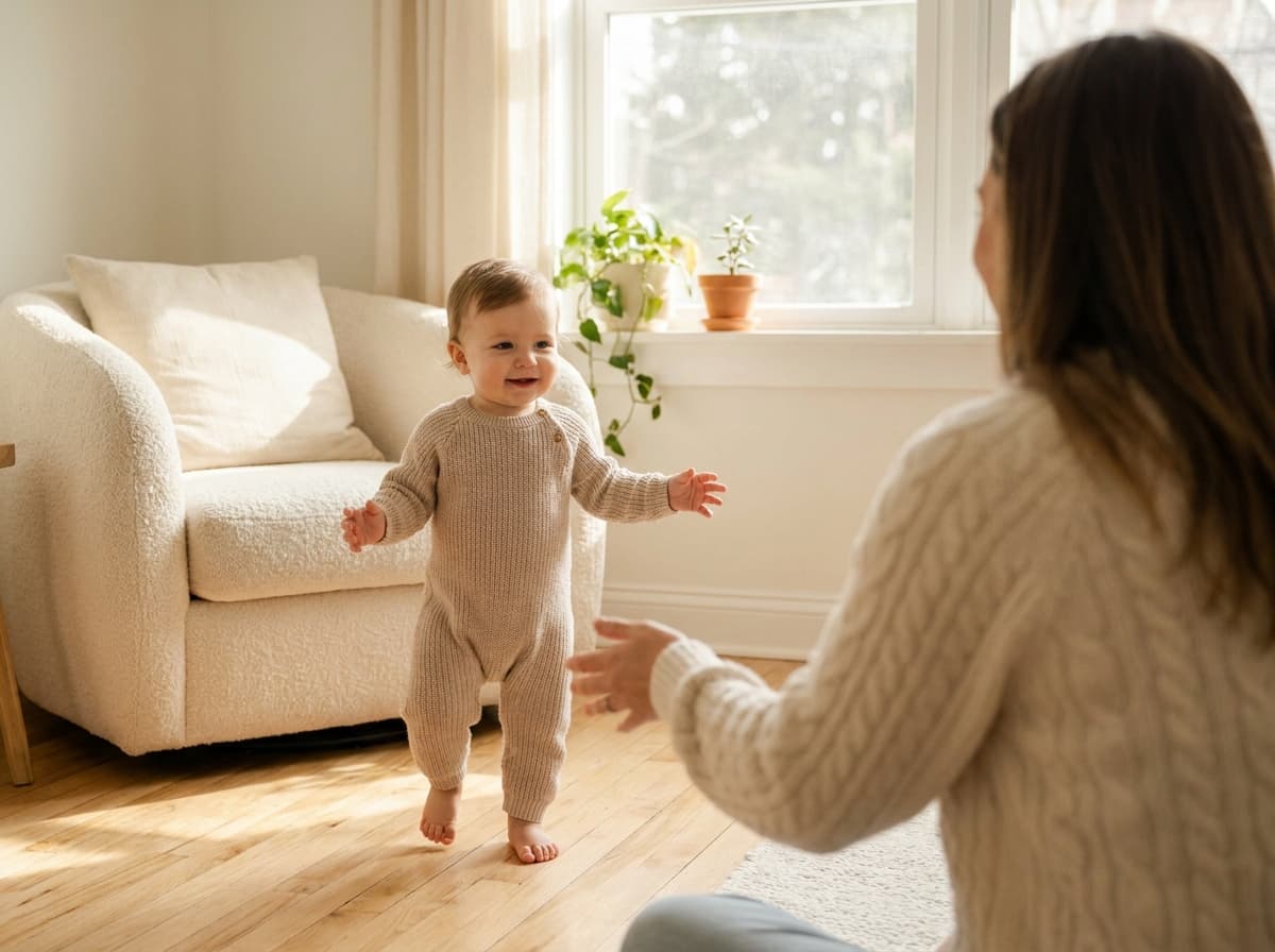 Bébé marchant vers sa mère assise, bras ouverts, dans un salon lumineux