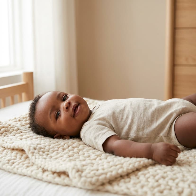 Bébé noir allongé sur une couverture beige, dans une chambre lumineuse (image générée par IA)