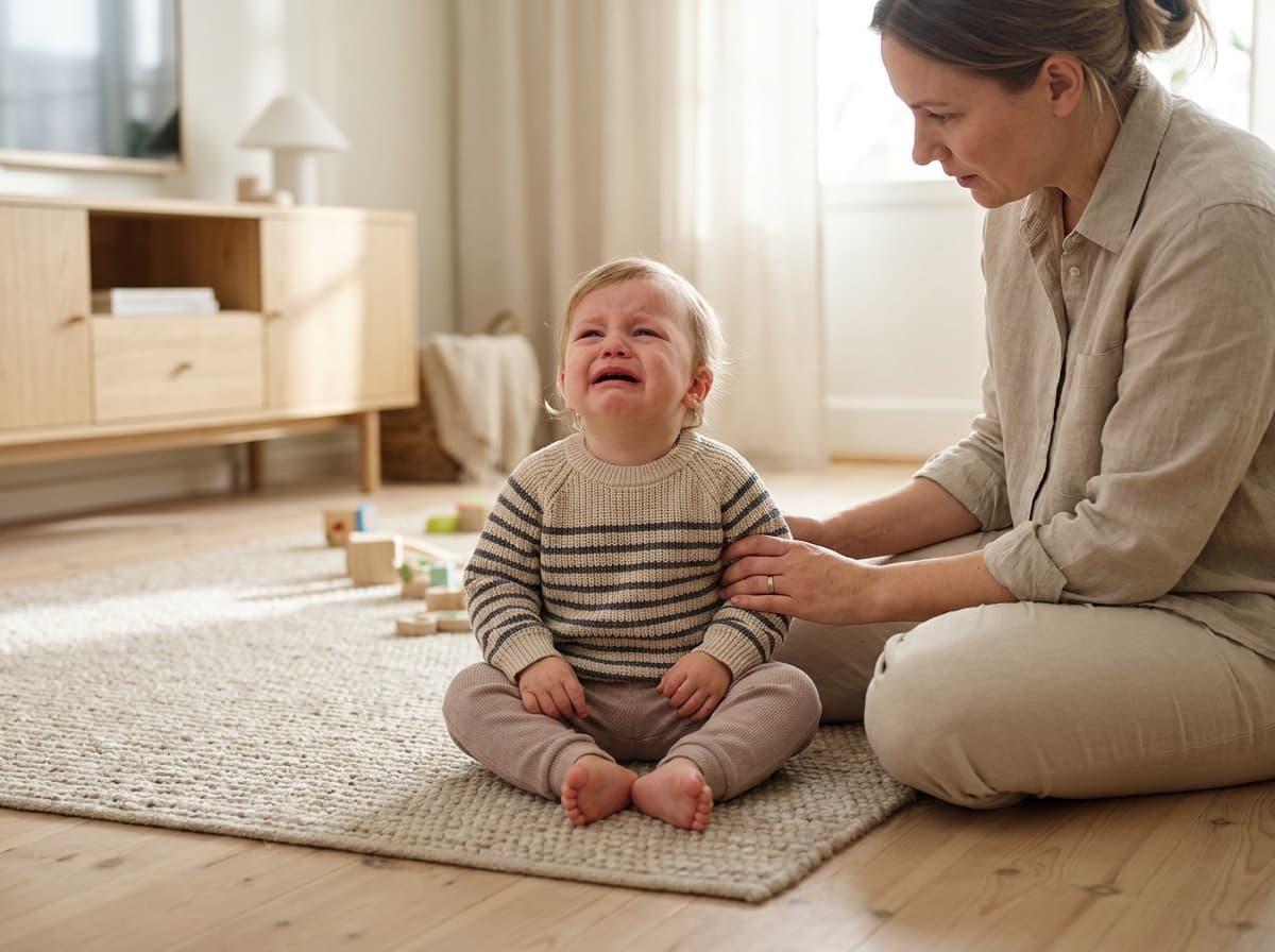 Jeune enfant en pleurs assis sur un tapis, avec sa mère à côté, le consolant