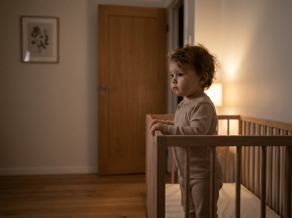 Bébé en pyjama beige se tenant debout dans un lit à barreaux en bois, près d'une lampe allumée