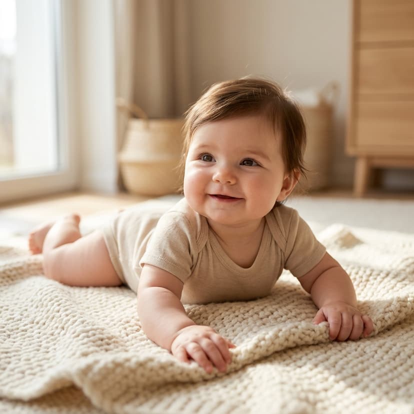Bébé souriant allongé sur une couverture tricotée claire, souriant dans une pièce lumineuse (image générée par IA)