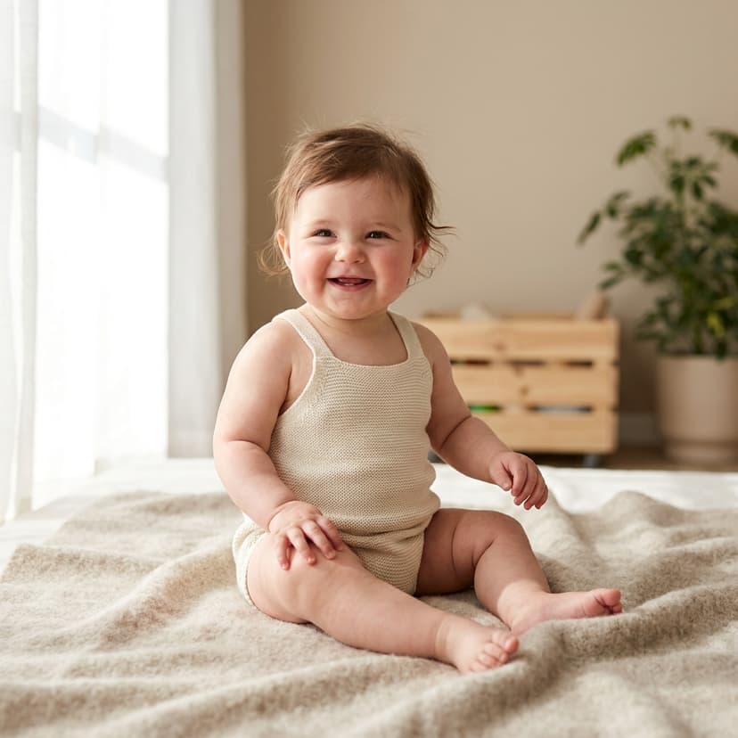 Bébé assis sur une couverture moelleuse, souriant dans une pièce lumineuse aux tons beige (image générée par IA)