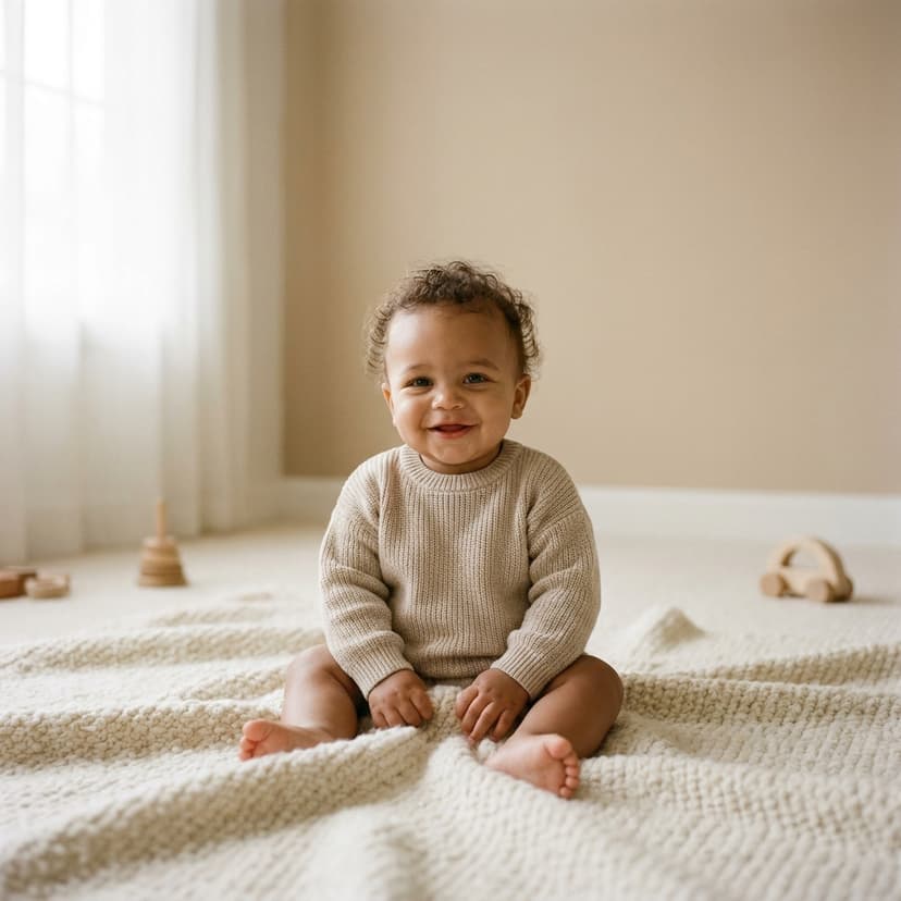 Bébé assis sur une couverture moelleuse, souriant dans une pièce aux tons beige (image générée par IA)