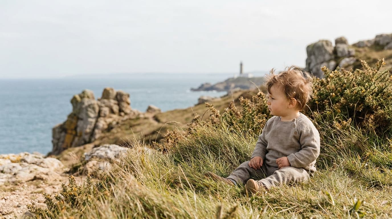 Petit enfant assis dans l'herbe face à une côte rocheuse et à la mer (image générée par IA)