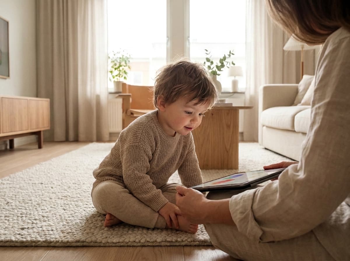 Jeune enfant assis sur un tapis clair dans un salon, regardant une tablette tenue par sa mère