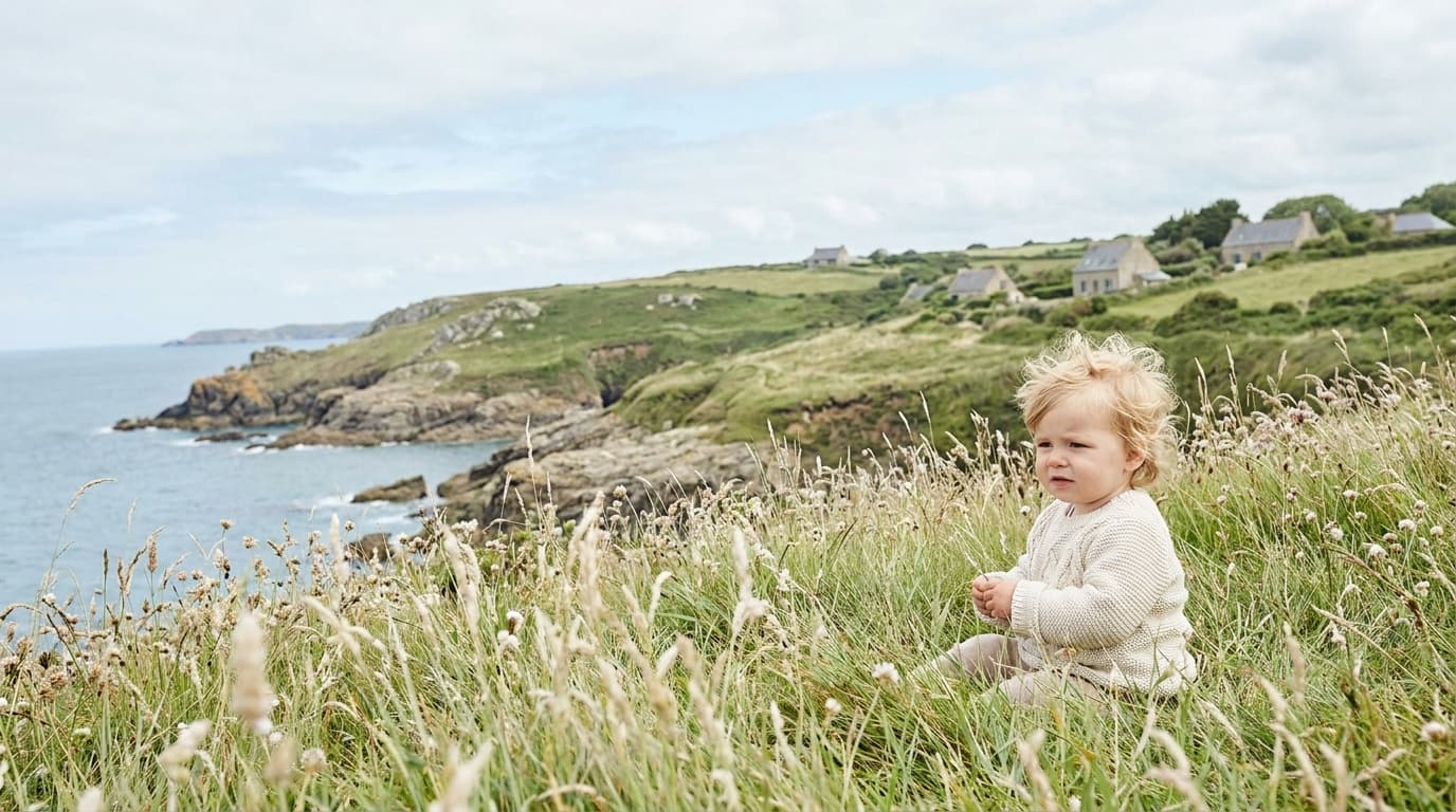 Jeune enfant assise dans l'herbe face à la mer, côte rocheuse en arrière-plan (image générée par IA)