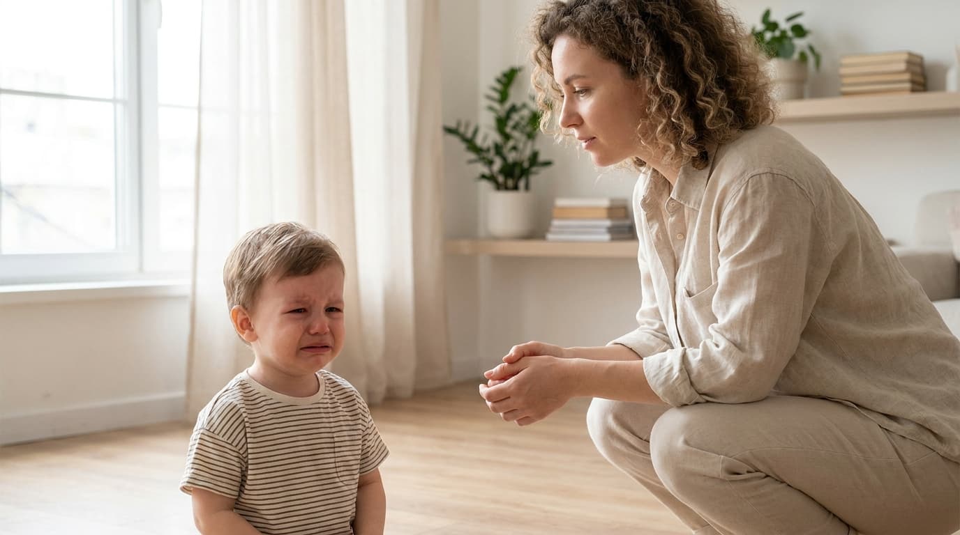 Parent accompagnant calmement un enfant de 2 ans pendant une colère à la maison