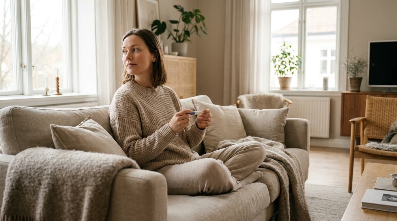 Femme assise sur un canapé, tenant un test de grossesse et regardant par la fenêtre