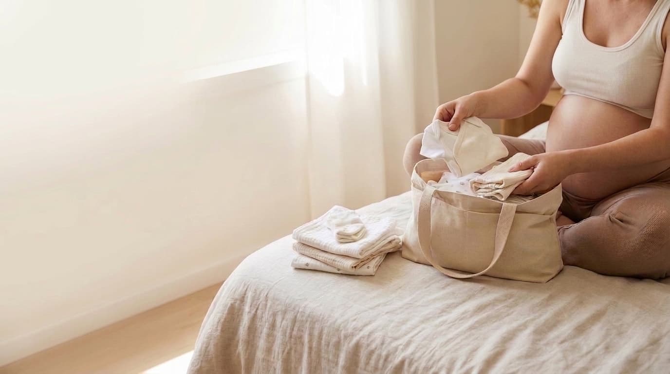 Femme enceinte assise sur un lit, rangeant des vêtements de bébé dans un sac beige