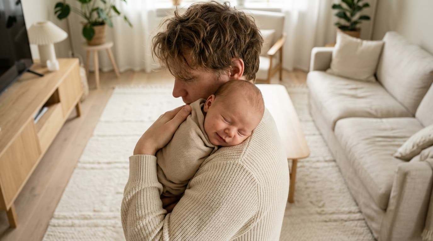 Jeune parent tenant un bébé endormi contre son épaule dans un salon lumineux aux tons beige
