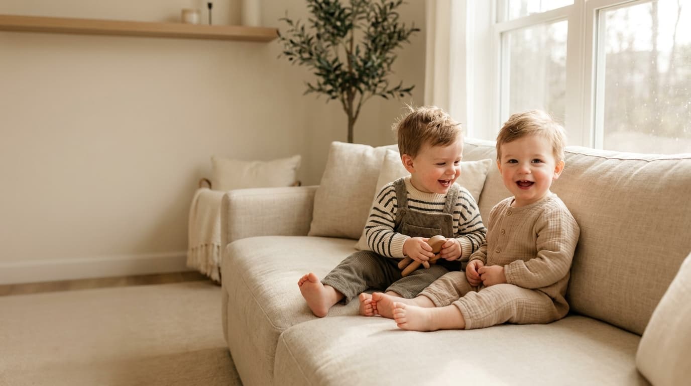 Deux petits garçons jumeaux assis sur un canapé beige, souriants près d'une fenêtre lumineuse (image générée par IA)