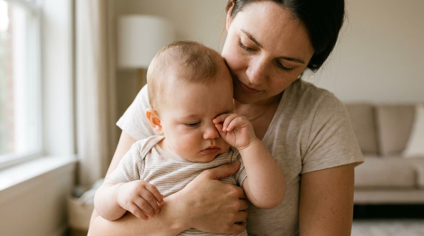 Bébé fatigué se frottant les yeux dans les bras de sa mère
