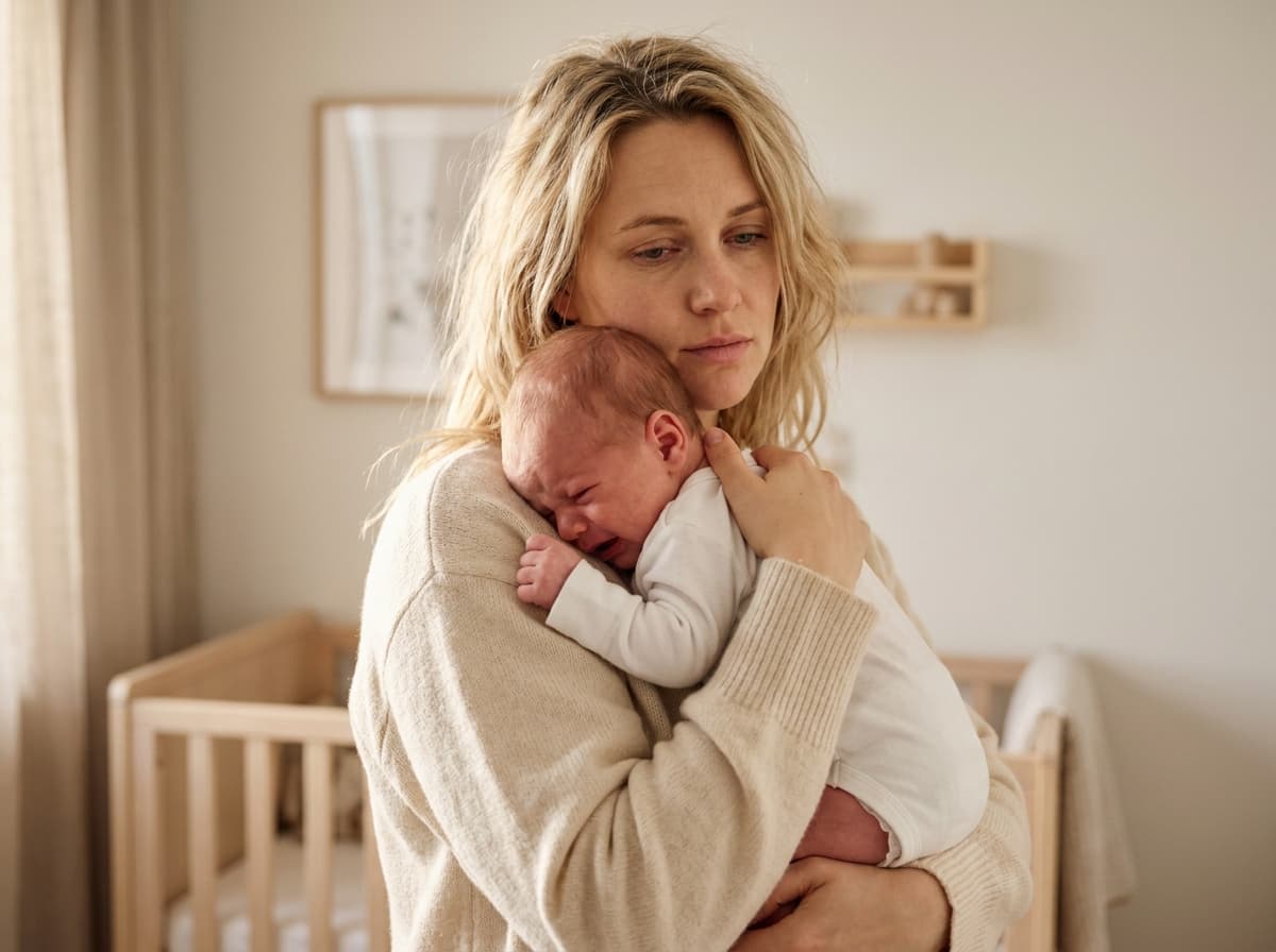 Maman blonde berçant un nouveau-né en pleurs contre son épaule dans une chambre claire