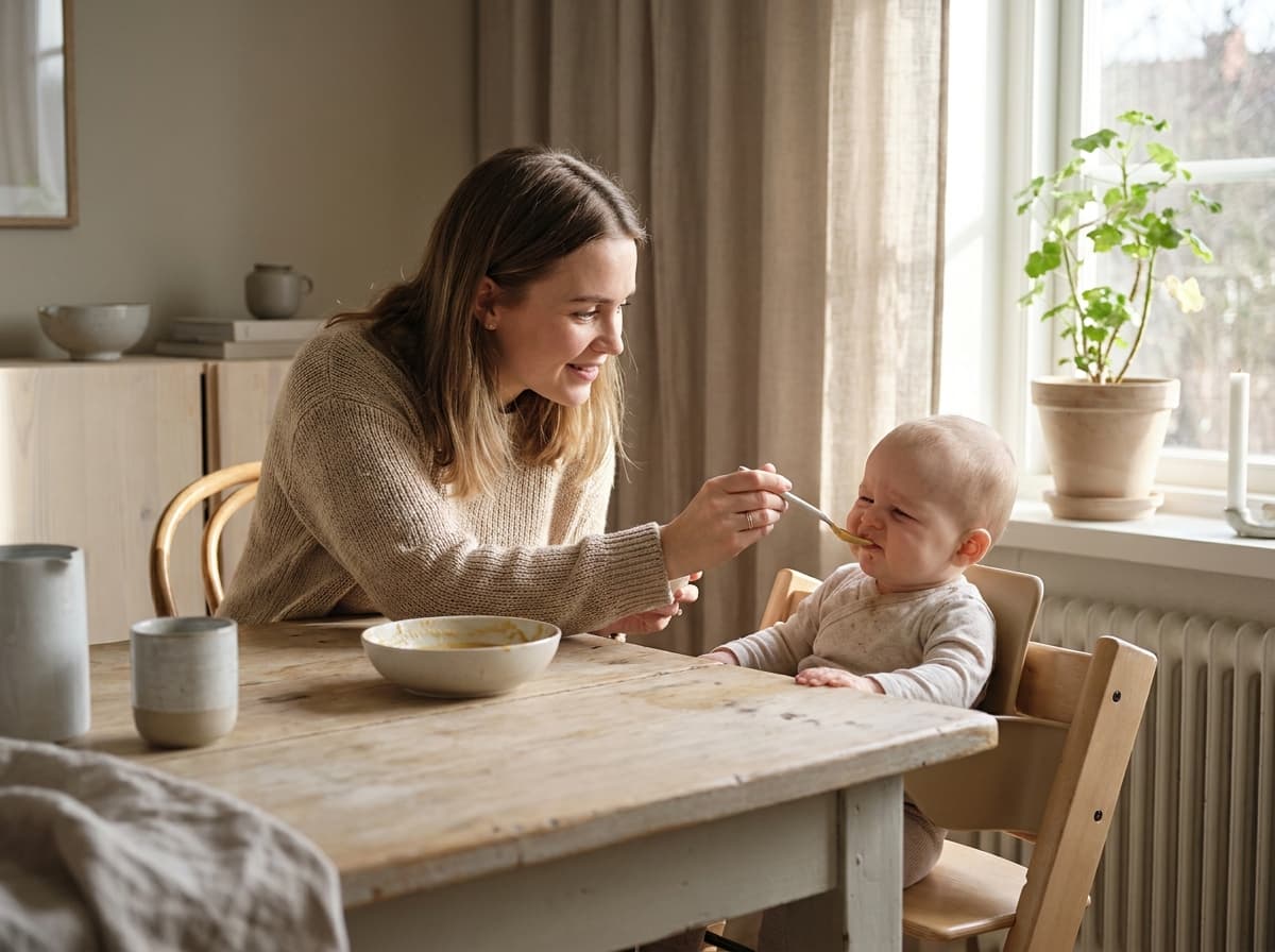 Maman nourrissant son bébé assis dans une chaise haute près d'une table en bois