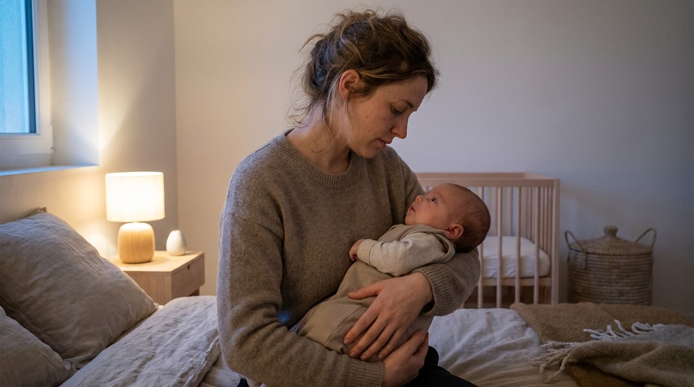 Mère fatiguée tenant son bébé éveillé dans une chambre calme pendant la nuit
