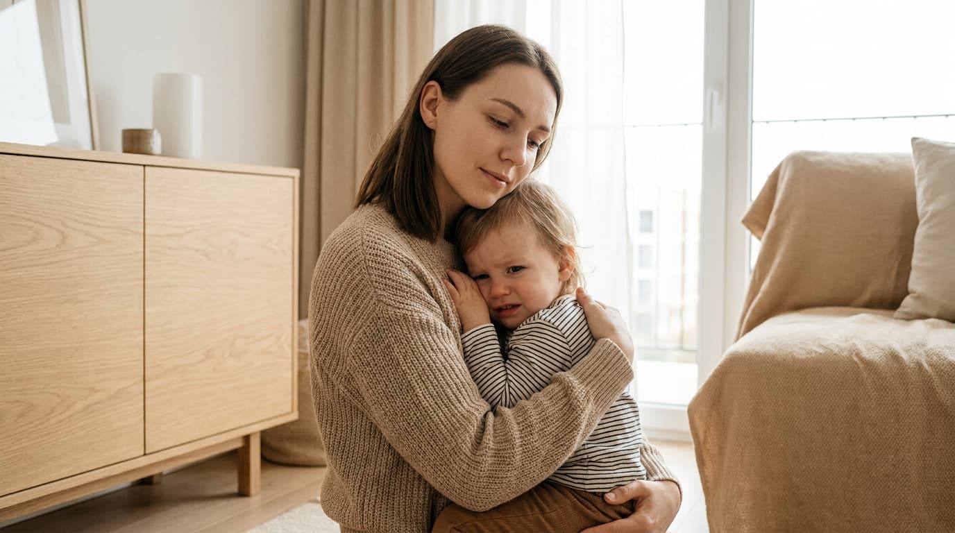 Une mère serre son jeune enfant contre elle dans un salon lumineux aux tons beige et bois clair