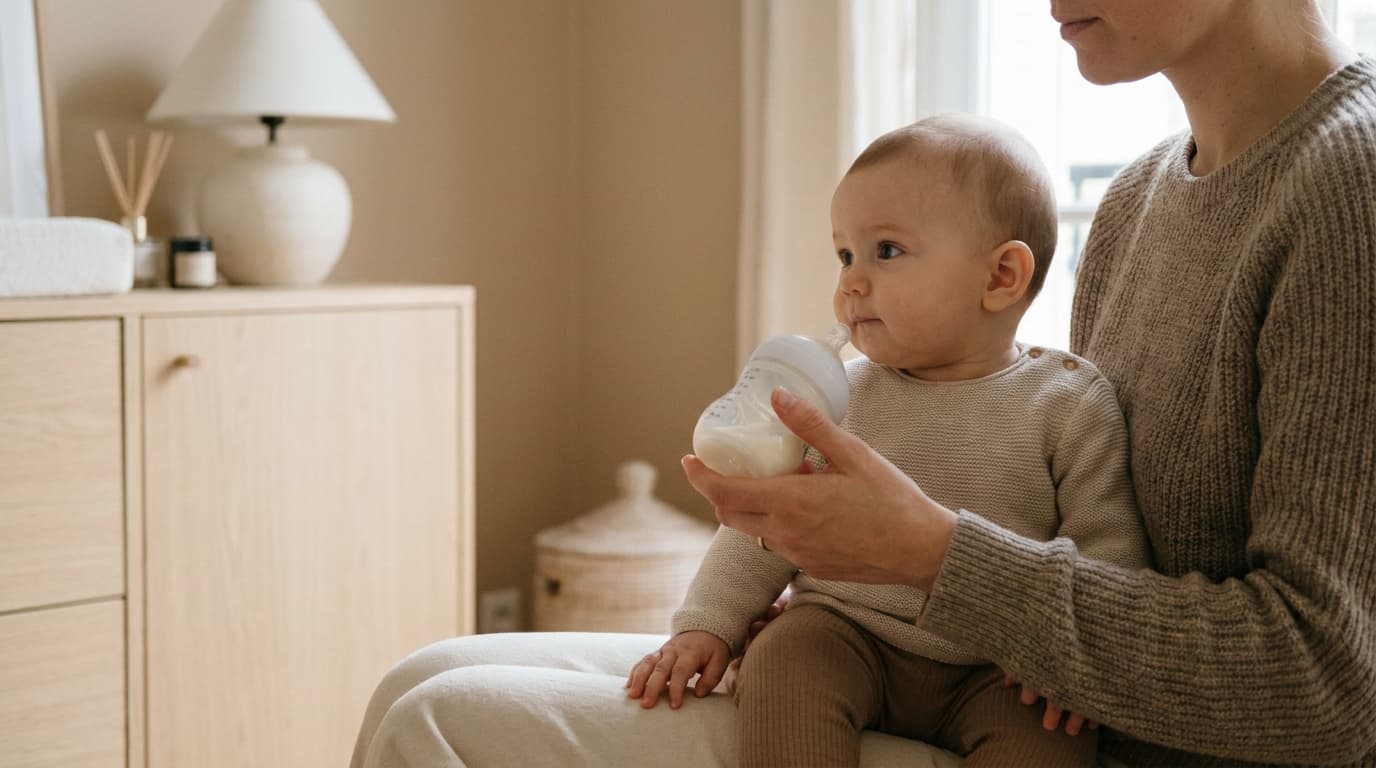 Parent proposant calmement un biberon à un bébé qui ferme la bouche