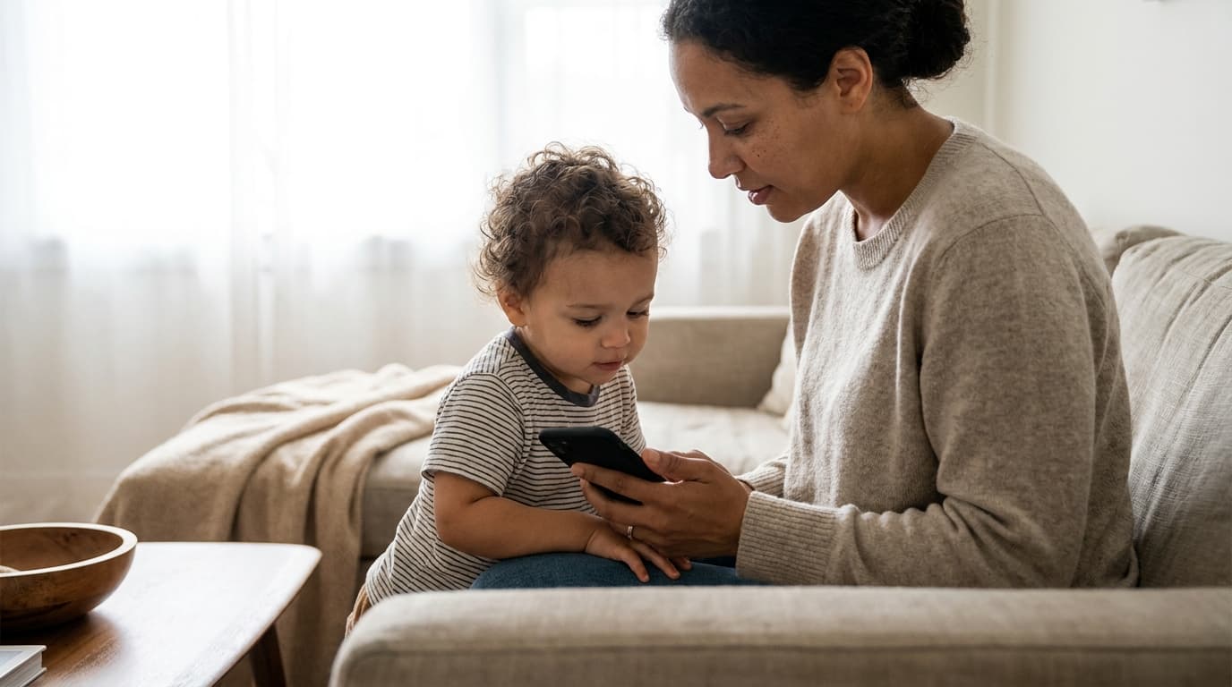 Parent assis sur un canapé, tenant un smartphone face à un jeune enfant qui le regarde