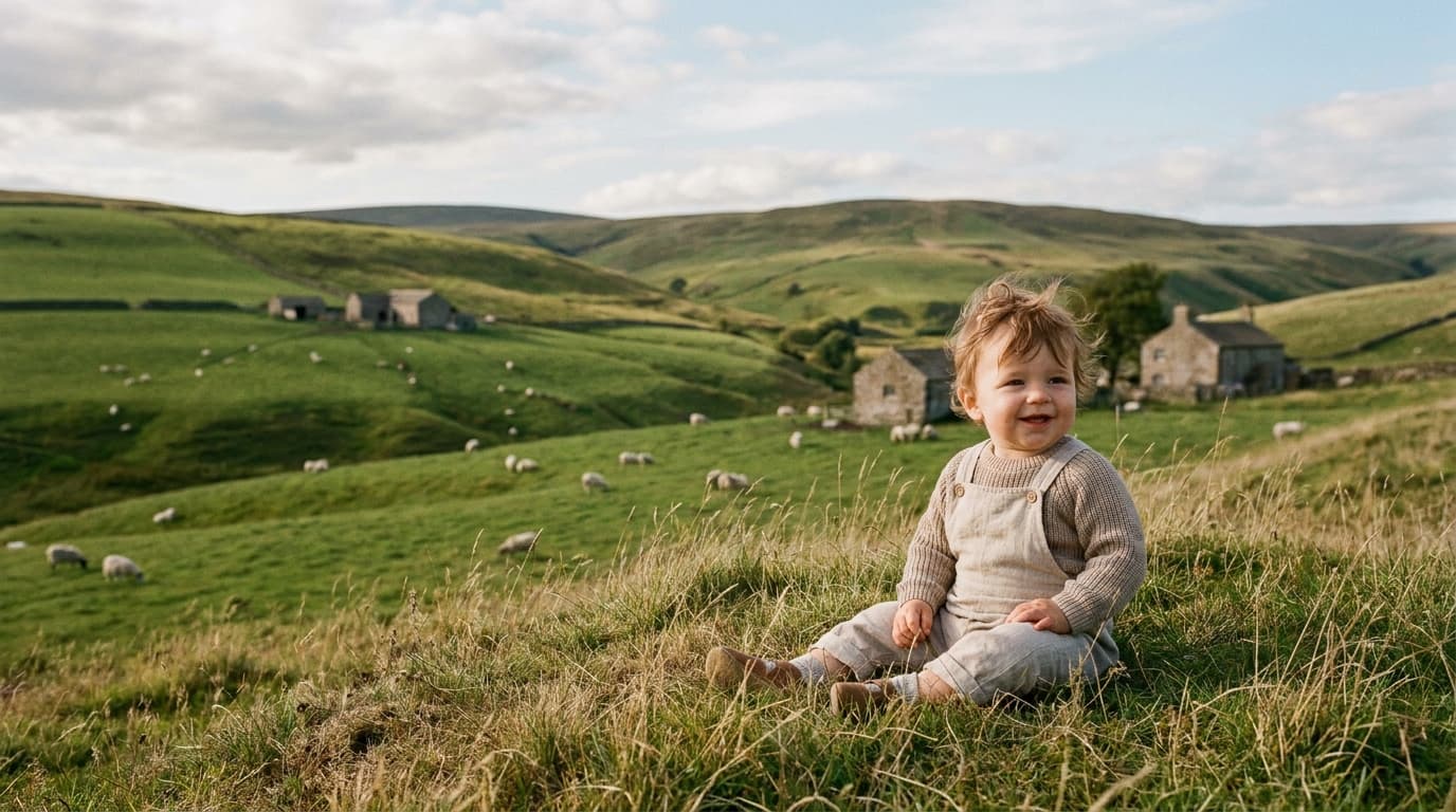 Petit garçon assis dans l'herbe face à des collines vertes et quelques maisons en pierre (image générée par IA)
