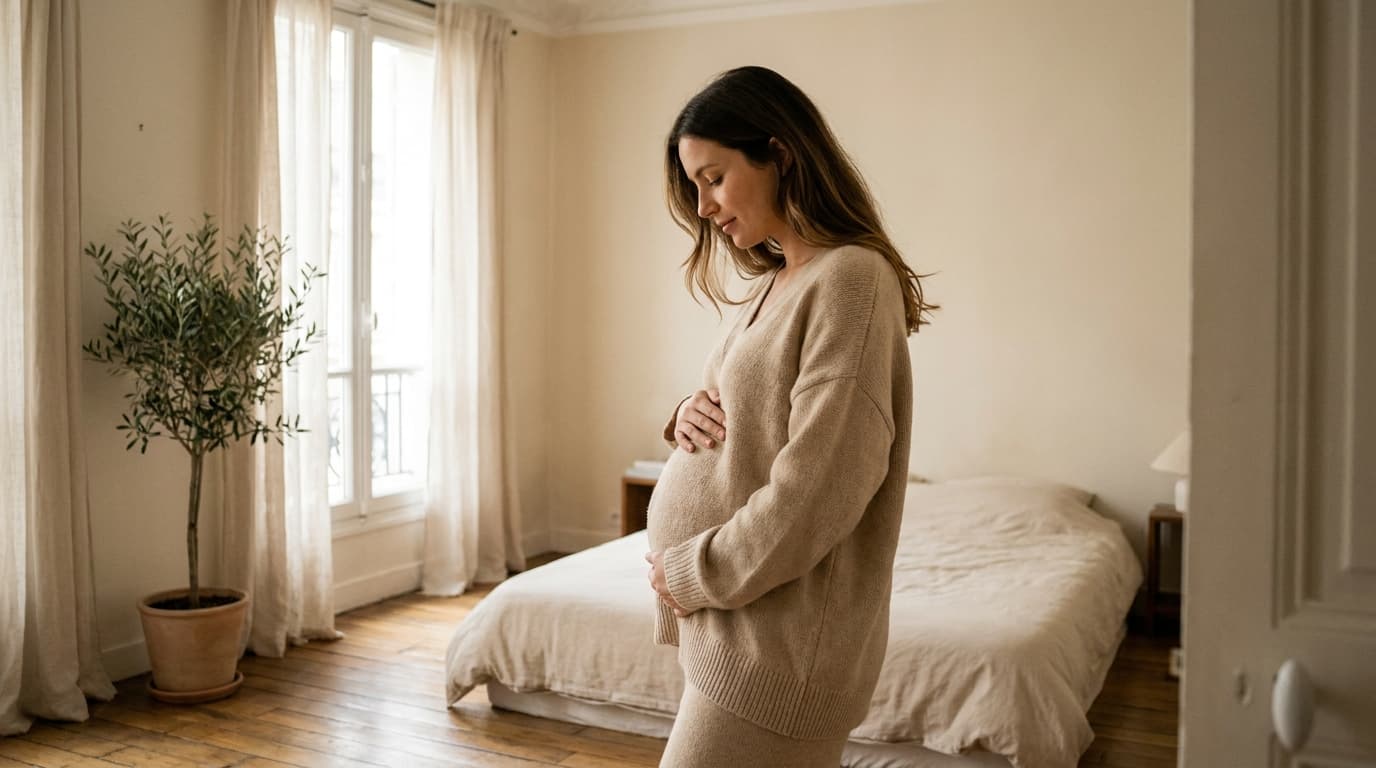 Femme enceinte debout de profil près d'une fenêtre, mains sur son ventre, dans une chambre beige lumineuse (image générée par IA)